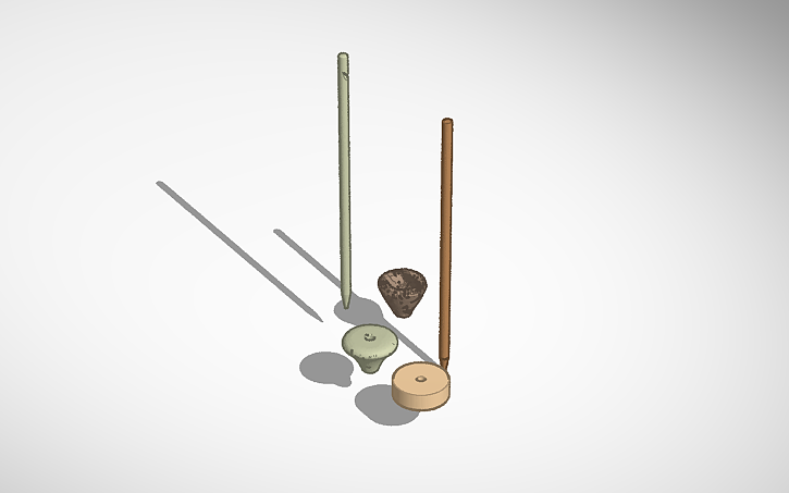 A screenshot of 3D models of 2 spindle shafts and 3 whorls. One whorl is a simple wheel-shaped cylinder, one in an ancient Greek ceramic conical whorl, and one an Etruscan stone conical whorl.