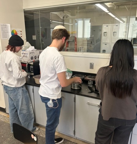Three students work at the stovetop on their dye pots.