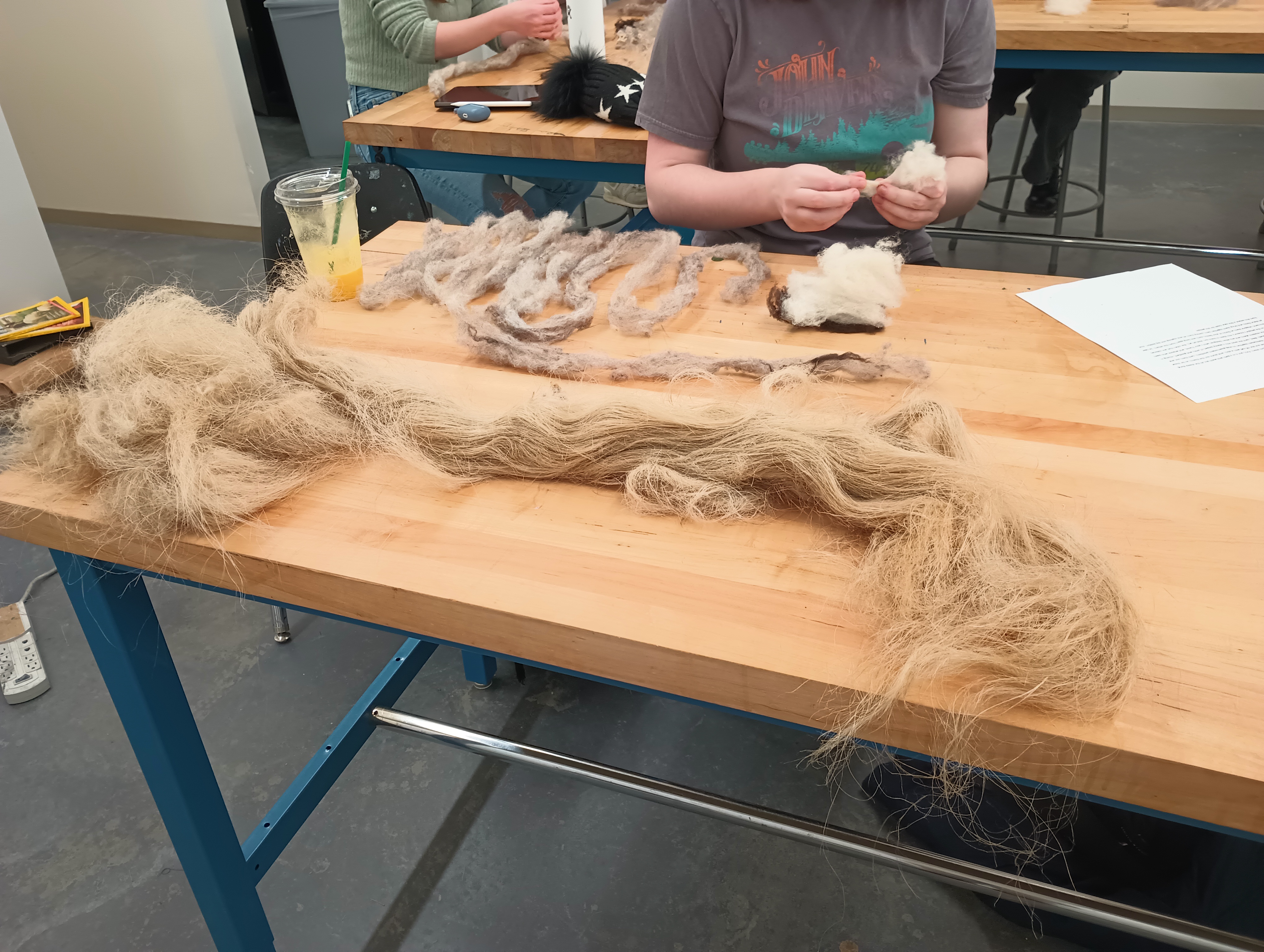 Flax fibers lay on a table, with some short tow fibers in a pile next to them. Behind, a student pulls apart white wool with her fingers. In front of her on the table is a long snake of wool roving she has prepared. 