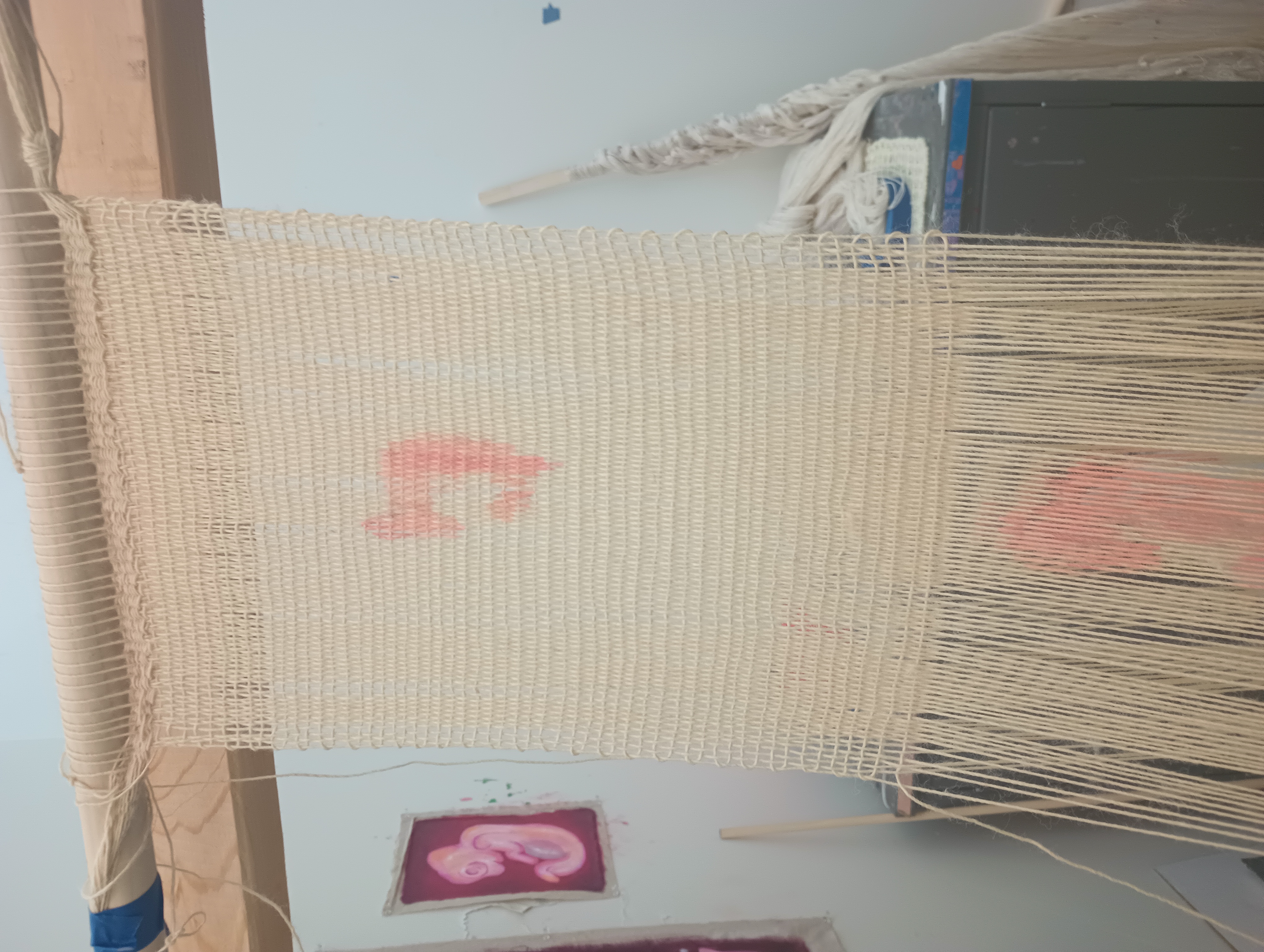 A closeup of the piece in the previous image. The pink design painted on the warp is the shape of a developing dog fetus.