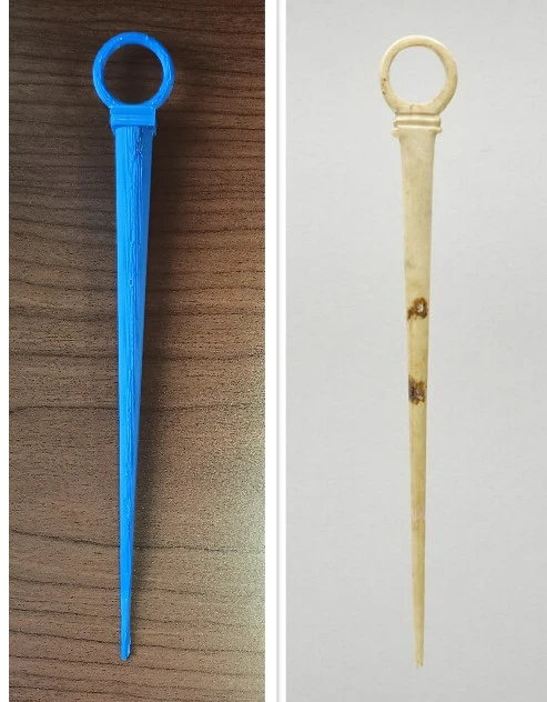 A blue 3D-printed ring distaff side-by-side with the ancient bone artifact it is modeled after. The distaffs are in the form of a ring attached to a tapering conical shaft. Louvre collections Cp 9464.